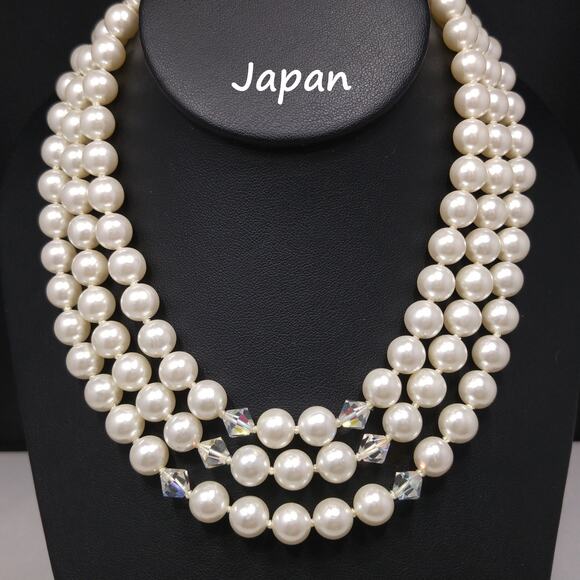 Vintage Japan Pearl Necklace 3 Strand AB Crystals 1950s - Picture 1 of 10